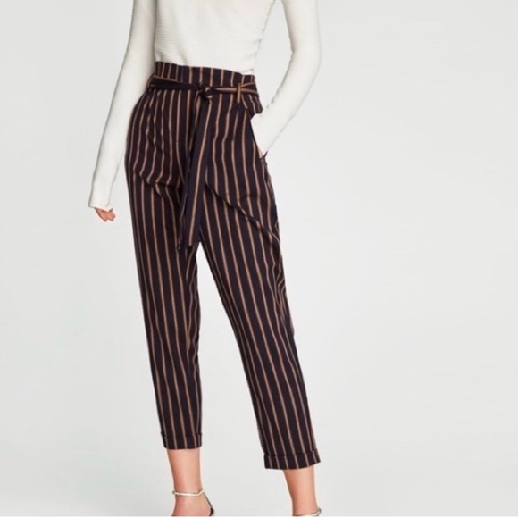Zara Pants - Zara Navy Striped High-Waist Pants